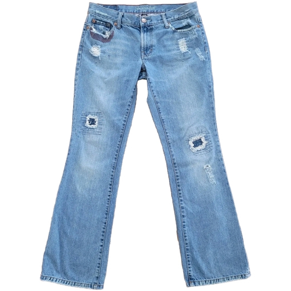 American Eagle Jeans Hipster Boot Y2K Distressed Embellished Blue Denim Size 6